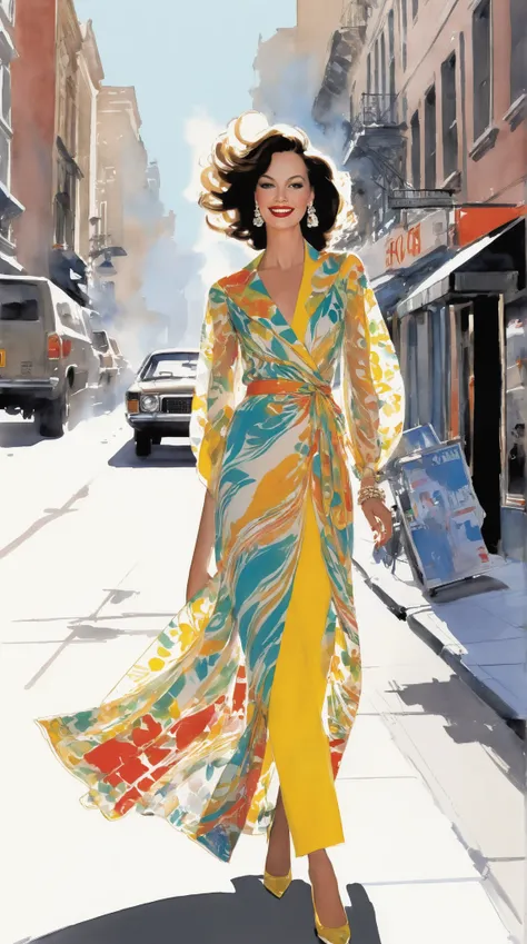 A stunning woman in a dreamy 1970s fashion, radiating joy as she strolls through a vibrant city. She wears a breathtaking fancy dress adorned with enchanting colors, her smile bright and inviting. With striking red lipstick, she embodies the glamour of a H...