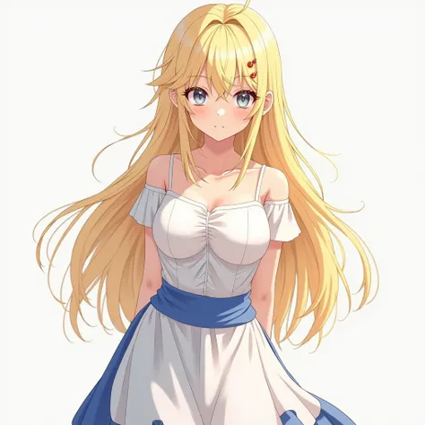 A girl,  long hair ,  Blonde hair , Grey eyes ,  anime style,  white blue and Blue skirt,  looking at the viewer , beautiful, ruby earring in one ear, big breasts, Adorable 