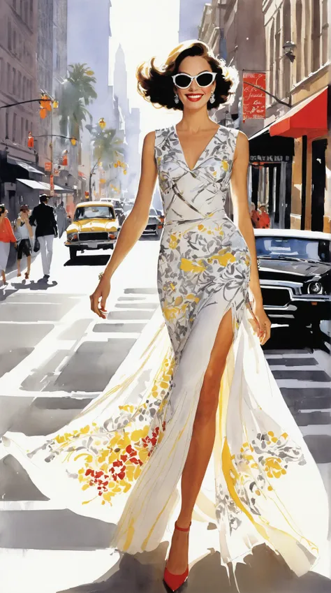 A stunning woman in a dreamy 1970s fashion, radiating joy as she strolls through a vibrant city. She wears a breathtaking fancy dress adorned with enchanting colors, her smile bright and inviting. With striking red lipstick, she embodies the glamour of a H...