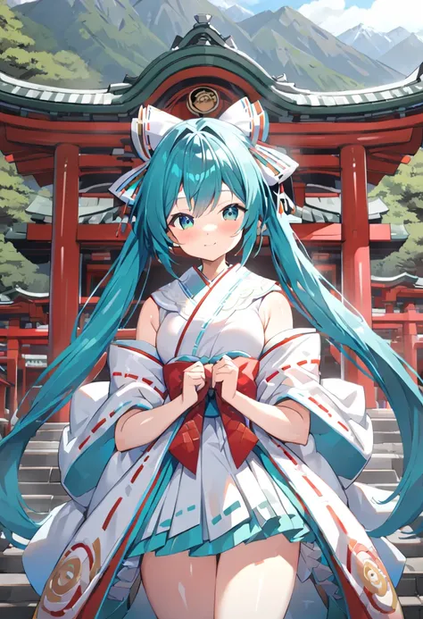 (hatsune miku:1.2), (gleaming skin, shiny skin:1.4), (shrine maiden clothe:1.4), (cowboy shot:1.4), (shrine, In mountains, japanese cedar:1.4),