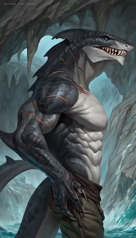 sharkfolk, anthro shark, solo, portrait, scaly, detailed skin, experienced predator, monster, grin, gray body, black arms and back, matte body, toned, muscular anthro, big muscles, scars on body, 1male solo, anthro, muscular, thick neck, thick tail, strong...