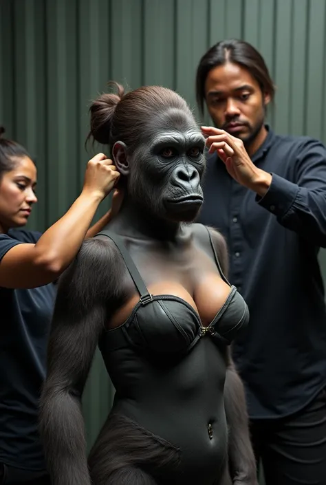 A beautiful latina woman naked low hairbun standing up straight without facial expression is undergoing the process of becoming a gorilla, Crews are attaching a full face prosthetic mask to the womans head to make it look like a gorilla., At the same time,...