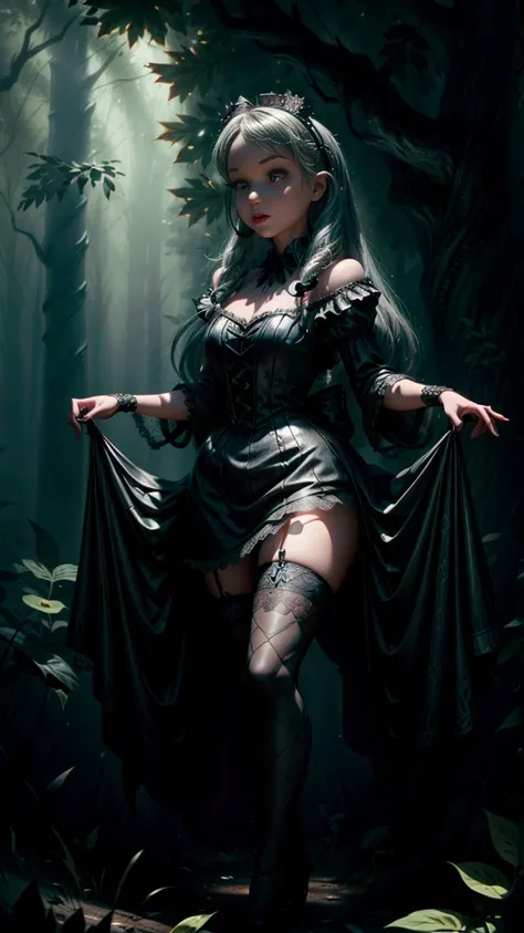 Highly detailed, realistic, cinematic. A sexy, gothic Alice in Wonderland with flowing black hair styled in her classic look, dark gothic makeup, black lipstick, and facial piercings. She wears a provocative black and white leather and lace version of her ...