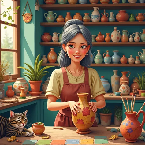 Highly detailed illustration of a cozy potters studio, featuring a middle-aged woman shaping a delicate ceramic vase with floral patterns. The workshop is filled with shelves of glazed pottery, colorful ceramic tiles, and scattered sculpting tools, creatin...