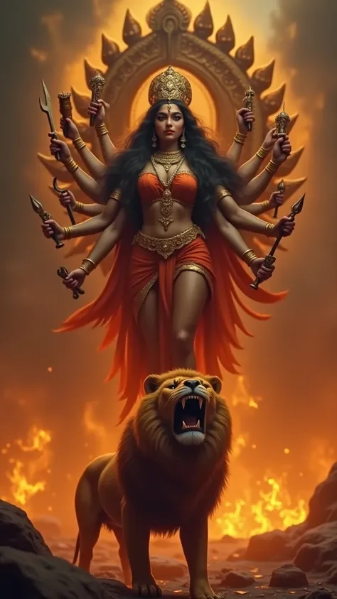 The image you sent appears to be of Maa Durga, a Hindu goddess known for her strength and power. She is often depicted with multiple arms, each holding a weapon or symbol of her divine energy. 

In this image, she is standing with a lion, which is a common...