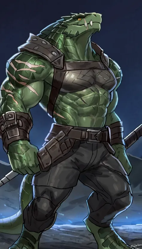 Muscular monster lizardfolk, solo, pants, mercenary, dark green body, body made of steel, strong, armless transparent tight tarpaulin, metallic scales, black belly, scars on body, 1male solo, anthro, muscular, small waist, thick tail, thick scales on the s...