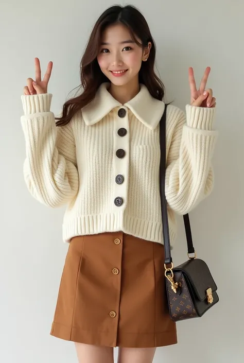 The outfit features a textured, cream-colored sweater with a large, decorative collar and button details. It is paired with a brown mini skirt, which has a simple and tailored design. 
The beautiful Japanese woman, 22 years old, white skin with perfect fig...