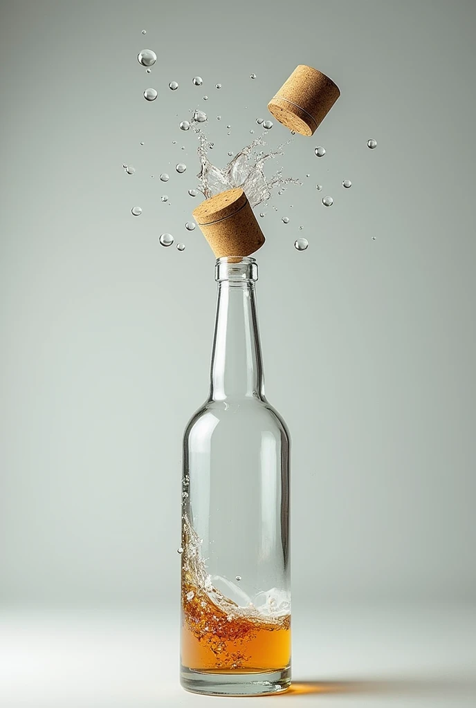  A bottle with cork flying and bubbles around, Its a flying cork experiment 