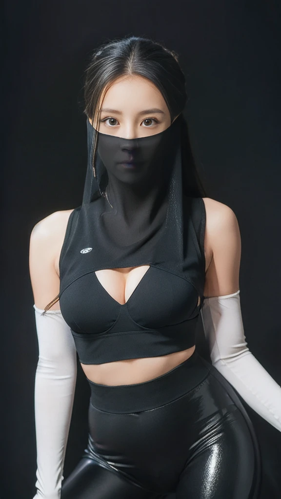 （lifelike， high - resolution：1.3），full body , 1 girl with a perfect body， Super fine face and eyes，slong hair， diamond midriff of black colors：1.2， black shiny leggings，face veil,   big boob，Expose cleavage, ninja pose, satin gloves.