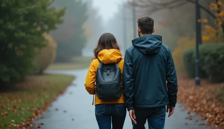 Teenager with an adult, backwards, Walking Together,  on a rainy day 