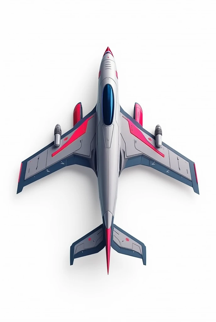 A clean, top-down view of a futuristic game airplane, designed with sharp, modern lines and a sleek, aerodynamic shape. The plane is brightly colored with metallic or neon accents, and features intricate details on the wings and fuselage. The background is...