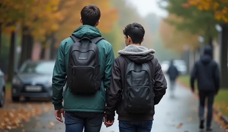 Male teenager with an adult, backwards, Walking Together,  on a rainy day 