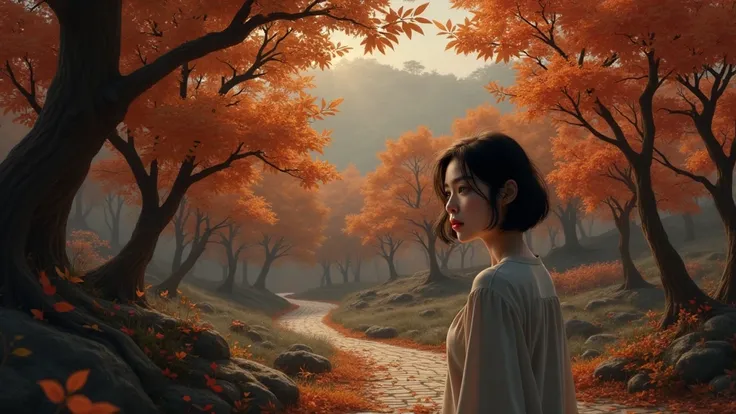 A beautiful Korean woman in her 50s looking at a beautiful autumn landscape. 어깨에 닿는  short hair .  short hair 