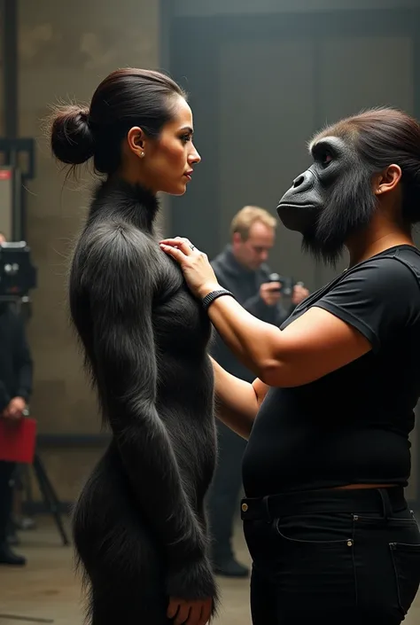 A beautiful latina woman naked low hairbun standing up straight without facial expression is undergoing the process of becoming a gorilla, Crews are attaching a full face prosthetic mask to the womans head to make it look like a gorilla., At the same time,...