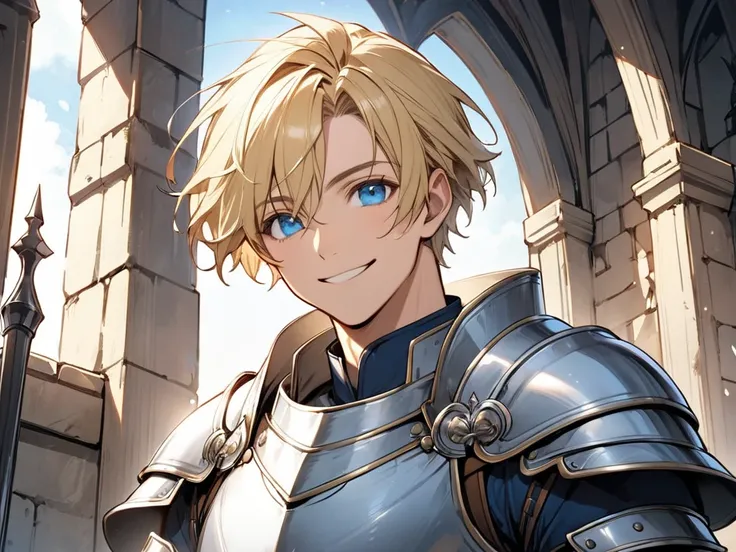  upper body、tall strong man in armor、Blonde、Blue Eyes、Inside the castle、smile、solo、Short Hair