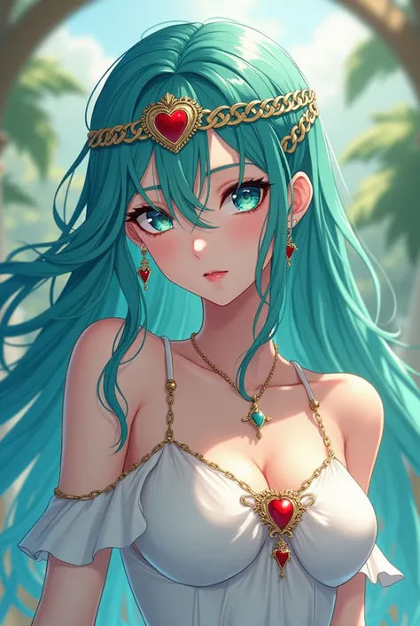  A woman with Greek features,  anime style.  Long, aqua-colored hair , with a gold chain for the head and a red heart-shaped brooch.  Aqua-colored eyes ,  dressed in a white dress , mermaid-like 