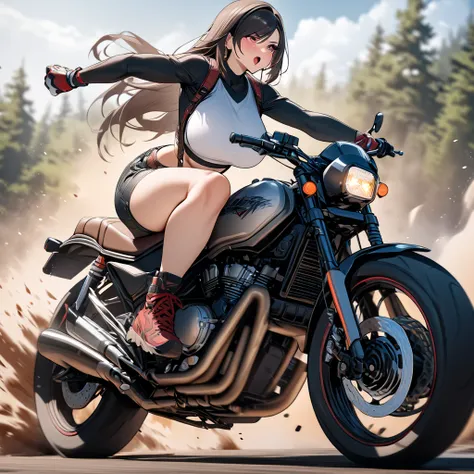  ONE GIRL  ,   Masterpiece  ,  top quality,   Tifa Lockhart 、  in high resolution、wilderness、 driving a motorcycle、Big Breasts、 is wearing goggles