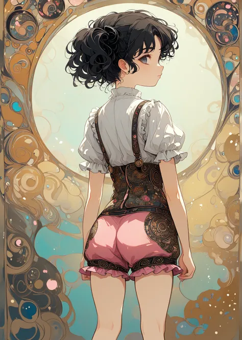 Lonely Traveler, a tiny girl, black curly lower-twintail hair, back, little fat, butt, pink shorts, paisley pattern, Gustav Klimt: art-nouveau style, Egon Schiele: Expressionism style