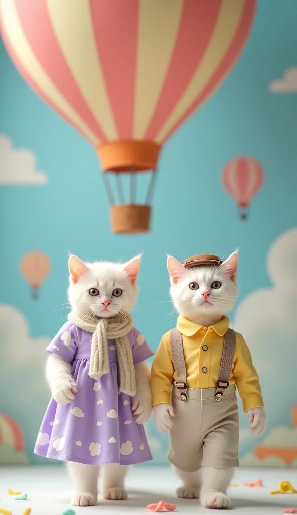 Baby Cats in a Dreamy Balloon Ride Shoot
Two white baby cats walking upright in a whimsical setup featuring a giant hot-air balloon. One wears a lavender dress with cloud patterns and a matching scarf, while the other sports a pastel-yellow shirt with susp...