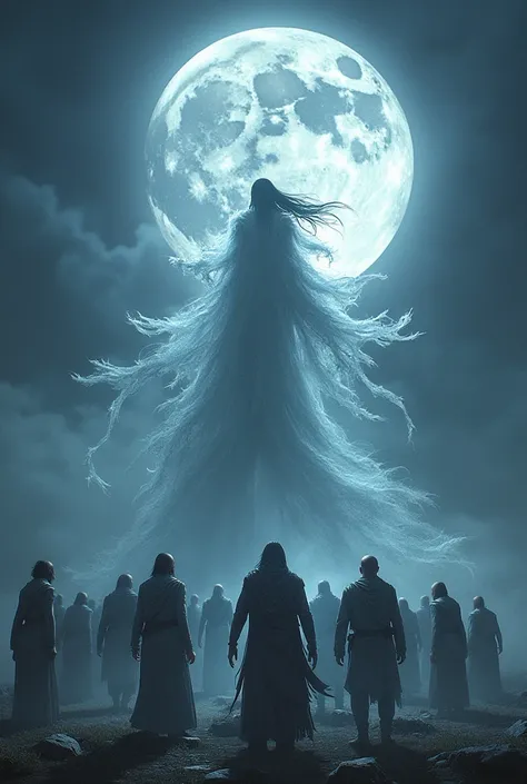 A dramatic scene of the witch being defeated by the ren on a full moon night. The witch is surrounded by silver light, her form dissolving into shadows, as the ren stand victorious, displaying courage and triumph."