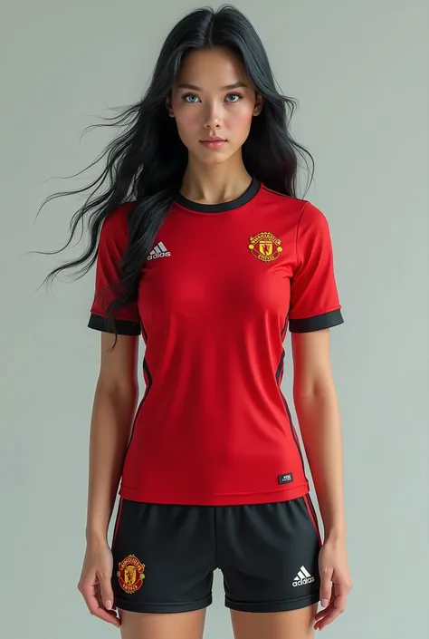 Ultra-realistic photography ,Model,Woman black shorts black hair blue eyes red soccer outfit 