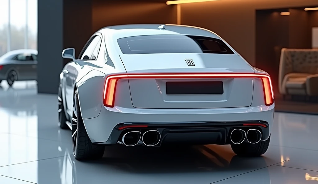 The rear view of a premium and modern car with an aerodynamic and luxurious design. The car is White in a glossy finish, featuring sleek LED tail lights, quad exhaust pipes, a sporty rear bumper, and a prominently displayed badge with the name [ 2025 Rolls...