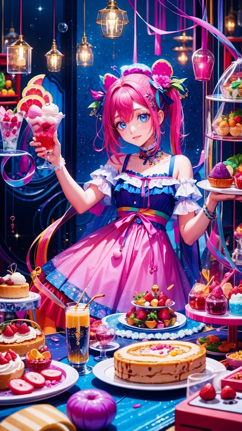  美しい詳細なfashion雑誌スタイル , Pink Hair girl wearing pastel decora fashion,   Exquisitely illustrated  ,   Ice Cream , sweets, Sparkle, rainbow, Particles of light,   cake, strawberry, [fruit,   dynamic angle,  pink theme , Pink Hair,   twin tails,  Sparkling, Sp...