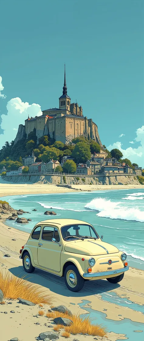 (  Masterpiece  :1.2,  top quality),( very detailed), anime style,8k,16k, wallpaper, cream-colored Fiat 500 running on Mt. Fuji, blue sky,(France:2.0),( Mont-Saint-Michel:2.0)