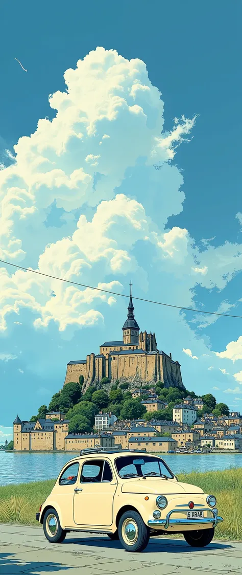 (  Masterpiece  :1.2,  top quality),( very detailed), anime style,8k,16k, wallpaper, cream-colored Fiat 500 running on Mt. Fuji, blue sky,(France:2.0),( Mont-Saint-Michel:2.0)