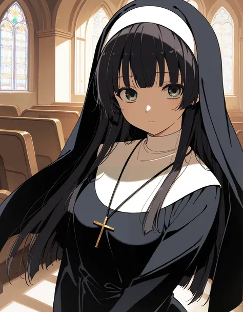 masterpiece, best quality, score_9, score_8_up, score_7_up, score_6_up, score_5_up, score_4_up, source_anime, 1girl, japanese, long hair, straight bangs, black hair, hazel eyes, wearing nun dress, church scenario