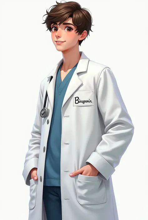 The teenage male is wearing a white doctors coat, with the message  " Binyamin. Operating nurse "  written on the front of the shirt. Figure 1 sees the whole body Figure 2 sees the side of the character, seen in full.