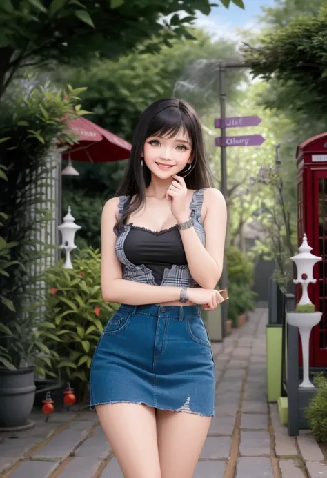 pretty woman, smiling, standing posed at cafe s garden, telephone box, waterfall, holding a cup of drink, (+black long hair), mixed betweem beige long sleeves cardigan and blue and white checkered collared undershirt and black camisole, denim pencil mini s...