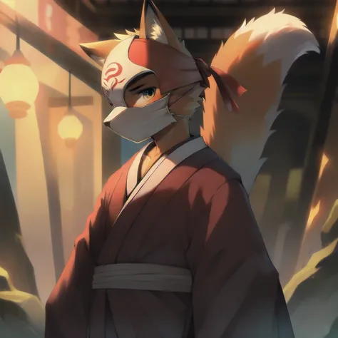 Japanese，，boy，fox，Wear a mask，No hair，side