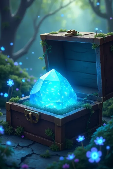 : A glowing blue stone inside an open chest, shimmering with energy. The background is a mystical forest with glowing flowers and soft light filtering through the trees. The stone gives off a soft, magical glow.
Cartoon image 