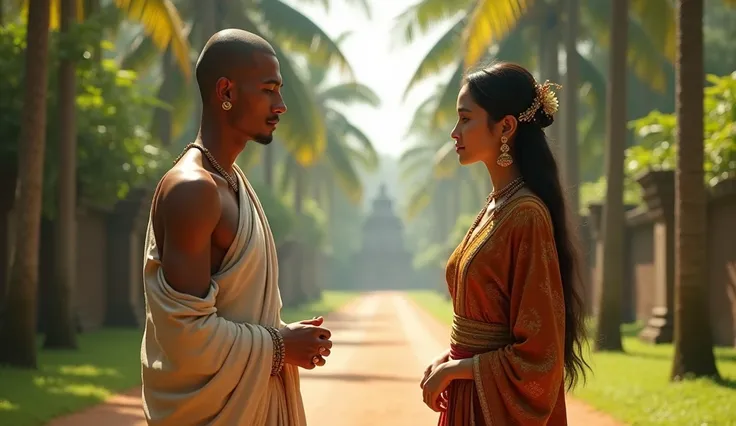 A Buddhist monk stood next to a very beautiful princess standing by a road in ancient Sri Lanka.