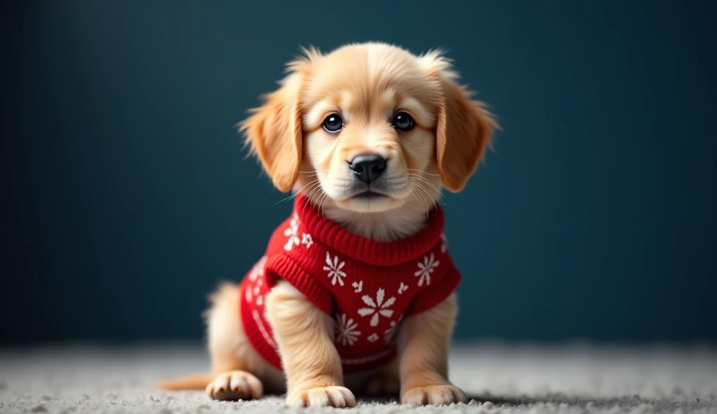 Puppy in a Sweater: A small golden retriever puppy wearing a cozy Christmas sweater with snowflake patterns, sitting on a deep navy-blue background.

