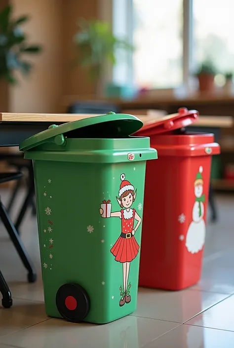  Imagine Christmas-themed recyclable waste bins, Like papanoel ,  elves and reindeer ,    cans made with materials at home ,  that are divided and classified ,  depending on the waste to be thrown away in a school environment ,  in total 3 cans with these ...