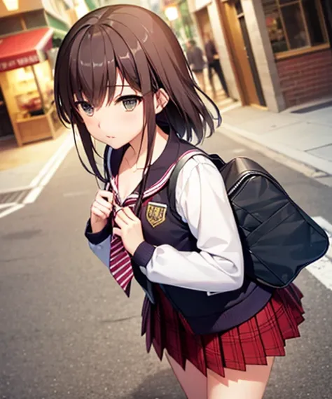  1 girl , Adult female,Hatsukoi 1 /1, Maya Tokizaki ,Brown Hair, shoulder length hair, hair hanging over shoulders ,Straight Hair,split bangs ,Green Eyes,clavicle,chest,(white long sleeve t-shirt,black school vest ,red border tie,, red check skirt,White so...