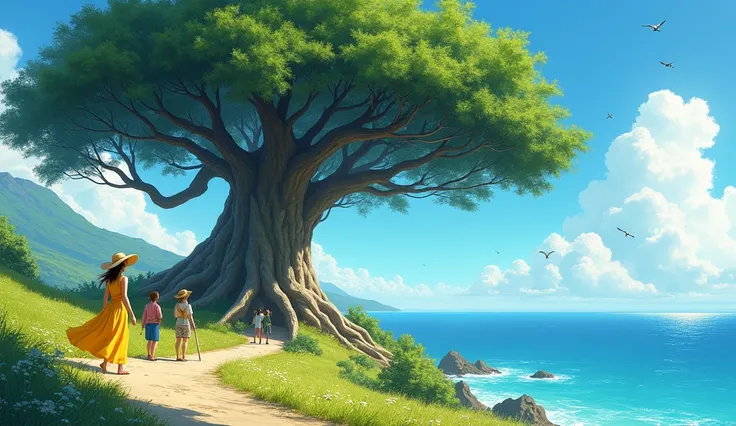 a beautiful, sunlit landscape by the sea. It features a large, majestic tree with thick roots, growing on a hill. There are people enjoying the scene—a woman in a yellow dress and sun hat walking along the path, and others, perhaps ren, near the tree. In t...