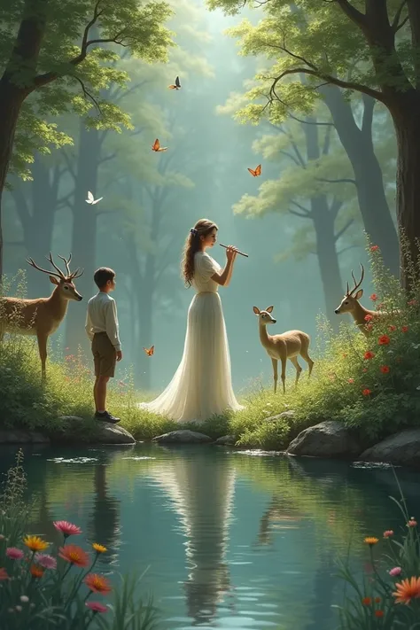  A magical lake with animals . A girl playing the flute .  Another gentleman girl admiring her beauty 