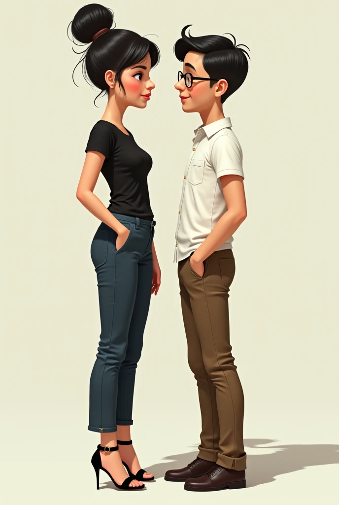 A tall little lush girl in dark blue trousers, a short black T-shirt, in very high-heeled sandals, hair bun and a modest shy skinny boy in a white shirt, glasses, brown trousers, brown shoes