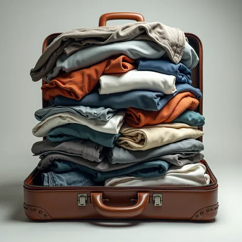 create a image of suitcase fully loaded with cloths bit closed and unable to zip completely, about to burst open, realistic