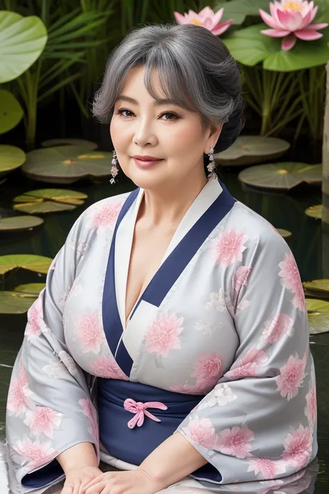 A mature chubby woman, 50+, with grey sleek hair cascading over her shoulders, wearing a navy blue floral opened big bust revealing kimono adorned with pink and white lotus flowers. Shes sitting gracefully by a garden pond, a sultry look in her eyes as she...