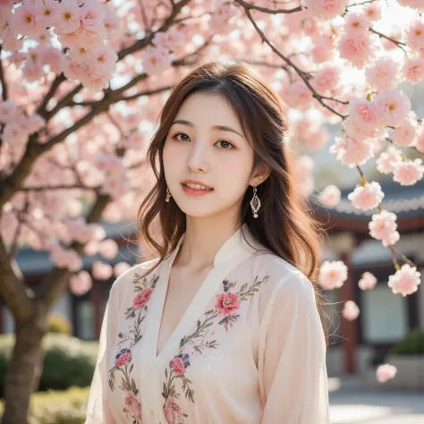 Set in a serene corner of her college campus adorned with blooming cherry blossom trees, the HDR photo showcases the beautiful young Korean woman as she stands amidst a cascade of soft pink petals. Her joyful smile and sparkling light-brown eyes exude warm...