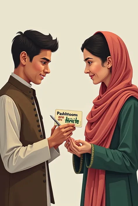 Create an image that wife of Imran Khan giving a student card type card and the card should written with pashtoons are brave to the pashtoon young man from one hand she giving card to the boy and from another hand she taking pen from the pashtoon boy and p...