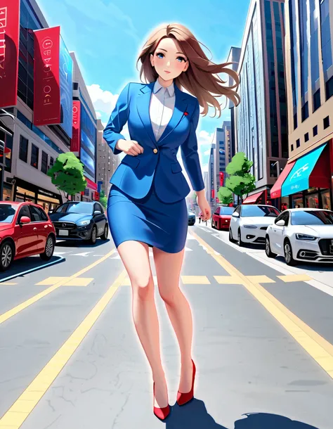 Masterpiece, best quality, high res, 8k, solo, solo focus, 1 girl, blue skirt suit, pencil skirt, miniskirt (bare legs: 1.4), red high heels, ready to spin. city street
