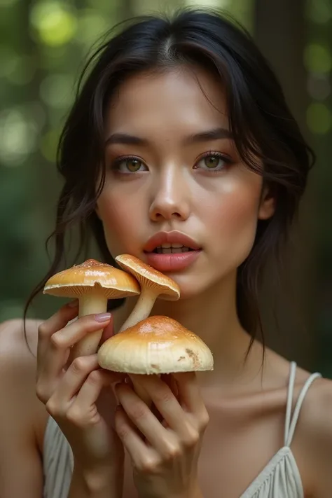 Beautiful woman drooling and eating fresh oyster mushrooms