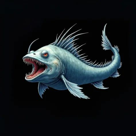 A deep-sea fish resembling a sneaker has its mouth open, 1500 meters deep, watercolor with clear outlines, black background