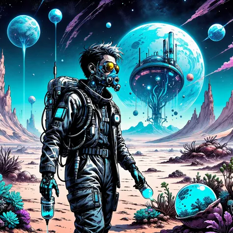 a cyberpunk style man with an oxygen system alone on another planet collecting plant samples, unknown moons in the sky, mysterious atmosphere, ink art, ((ultra quality)), anime enhancement, ((8k resolution, masterpiece, best quality)), ultra detailed, ultr...