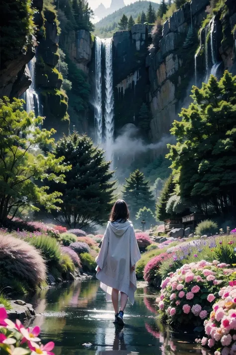 Detailed full body portrait of a lonely traveler woman wearing a travel poncho, surrounded by nature, mountains, valleys, streams, waterfalls, lights and flowers, highly detailed, 8K, surreal, cinematic lighting, dramatic , Moody, Atmospheric, Beautiful, F...